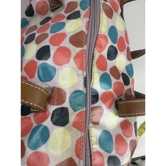 *Flawed Fossil Multicolor Geo Dot Print Coated Satchel Tote Bag Zip Top w/ Strap - Picture 8 of 16